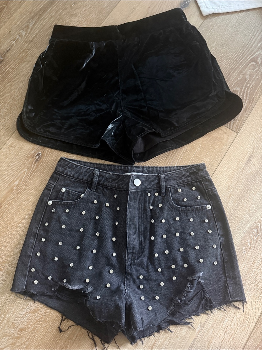 TCEC Black shiny Shorts + Cloud Ten Washed Black Studded Denim Shorts both